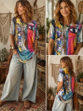 Shana L/G Colorful Abstract Face Tunic Top Artsy Boho Art